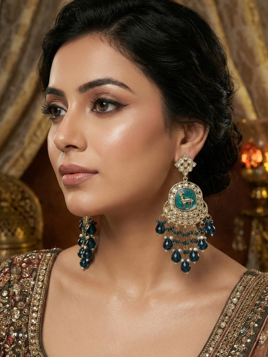 Meira Jewellery Gold Plated Traditional Kundan Drop Earrings for Women, Statement Chandbali Style Earrings with Stone Work and Beaded Dangling Drops, Festive Wedding Party Long Dangler Earrings-19