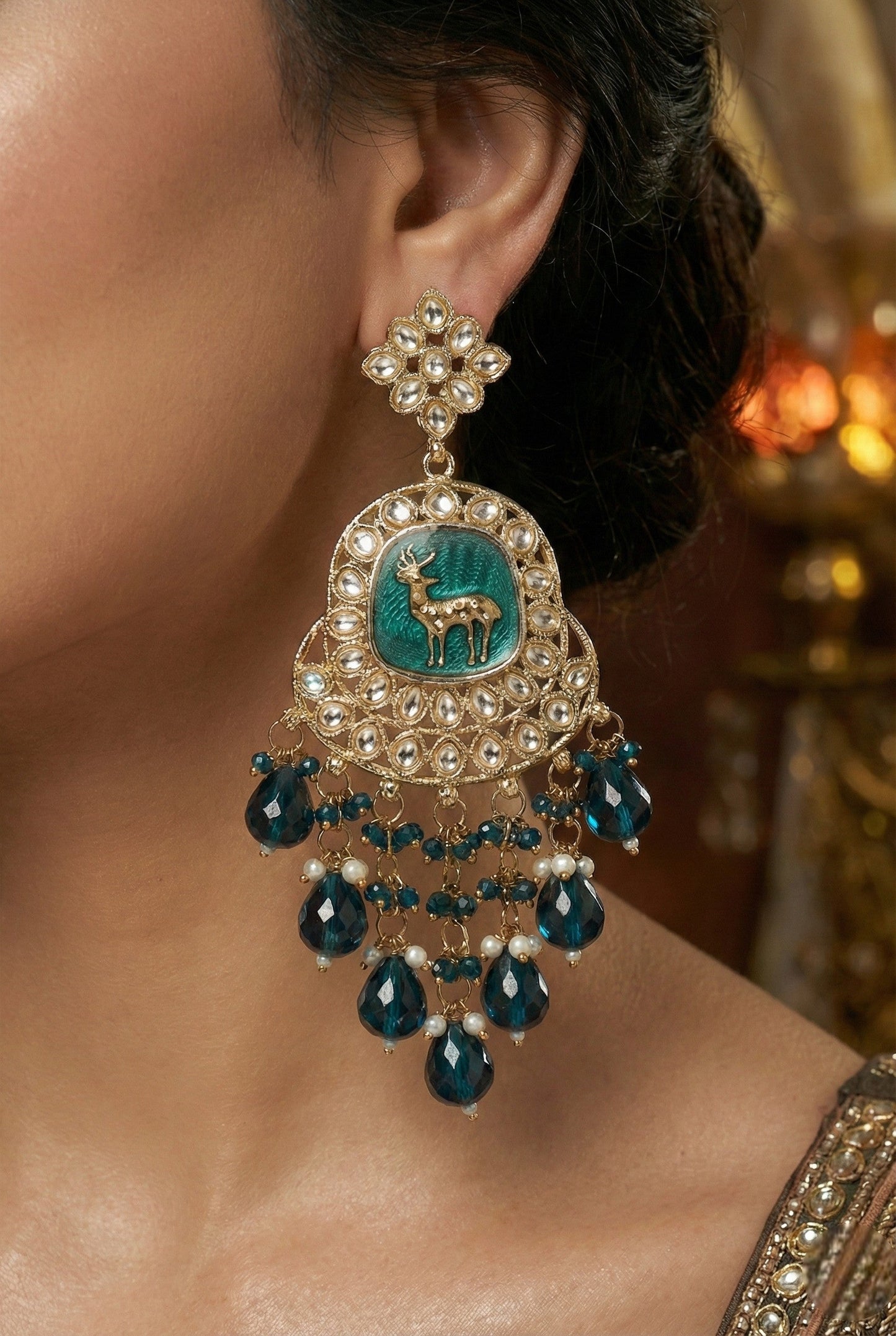 Meira Jewellery Gold Plated Traditional Kundan Drop Earrings for Women, Statement Chandbali Style Earrings with Stone Work and Beaded Dangling Drops, Festive Wedding Party Long Dangler Earrings-19