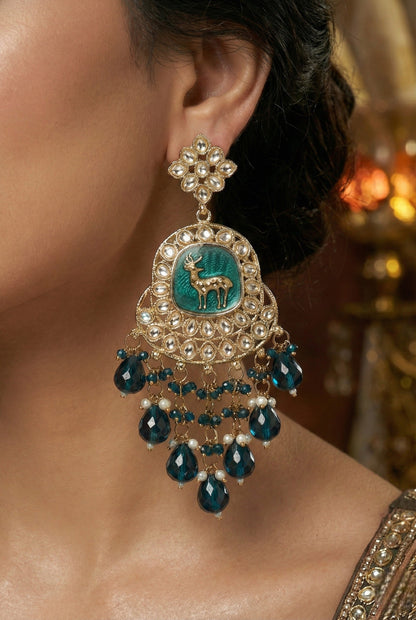 Meira Jewellery Gold Plated Traditional Kundan Drop Earrings for Women, Statement Chandbali Style Earrings with Stone Work and Beaded Dangling Drops, Festive Wedding Party Long Dangler Earrings-19