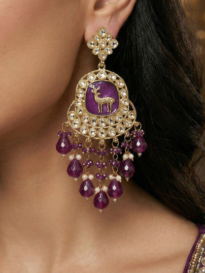 Meira Jewellery Gold Plated Traditional Kundan Drop Earrings for Women, Statement Chandbali Style Earrings with Stone Work and Beaded Dangling Drops, Festive Wedding Party Long Dangler Earrings-20