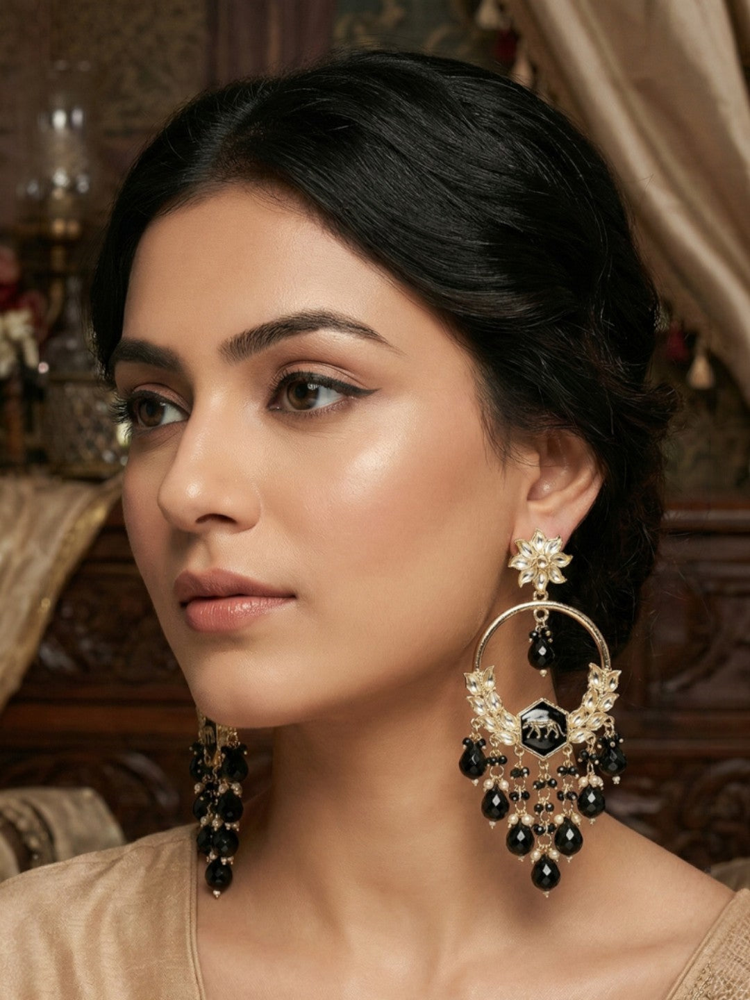 Meira Jewellery Gold Plated Traditional Kundan Drop Earrings for Women, Statement Chandbali Style Earrings with Stone Work and Beaded Dangling Drops, Festive Wedding Party Long Dangler Earrings-21