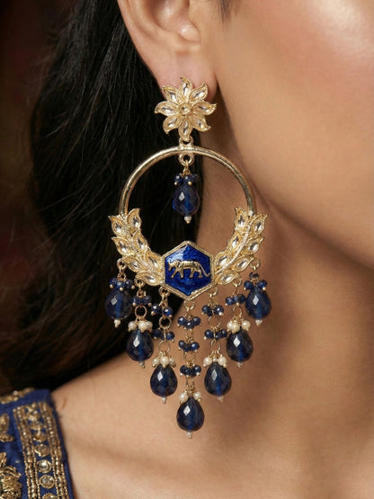 Meira Jewellery Gold Plated Traditional Kundan Drop Earrings for Women, Statement Chandbali Style Earrings with Stone Work and Beaded Dangling Drops, Festive Wedding Party Long Dangler Earrings-22