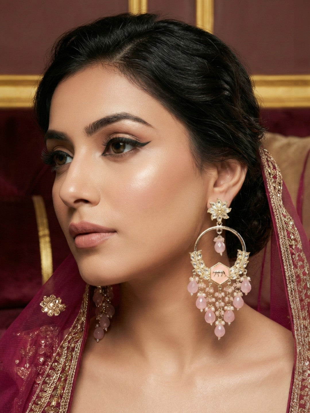 Meira Jewellery Gold Plated Traditional Kundan Drop Earrings for Women, Statement Chandbali Style Earrings with Stone Work and Beaded Dangling Drops, Festive Wedding Party Long Dangler Earrings-23