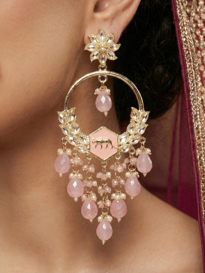 Meira Jewellery Gold Plated Traditional Kundan Drop Earrings for Women, Statement Chandbali Style Earrings with Stone Work and Beaded Dangling Drops, Festive Wedding Party Long Dangler Earrings-23