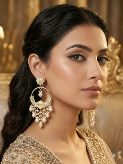 Meira Jewellery Gold Plated Traditional Kundan Drop Earrings for Women, Statement Chandbali Style Earrings with Stone Work and Beaded Dangling Drops, Festive Wedding Party Long Dangler Earrings-24