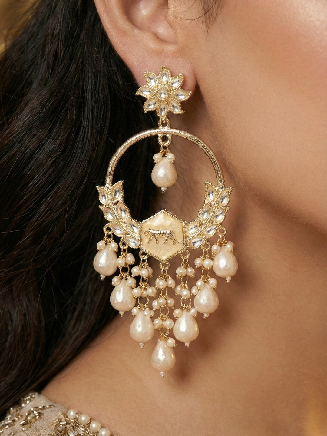 Meira Jewellery Gold Plated Traditional Kundan Drop Earrings for Women, Statement Chandbali Style Earrings with Stone Work and Beaded Dangling Drops, Festive Wedding Party Long Dangler Earrings-24