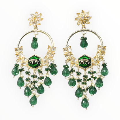 Meira Jewellery Gold Plated Traditional Kundan Drop Earrings for Women, Statement Chandbali Style Earrings with Stone Work and Beaded Dangling Drops, Festive Wedding Party Long Dangler Earrings-25