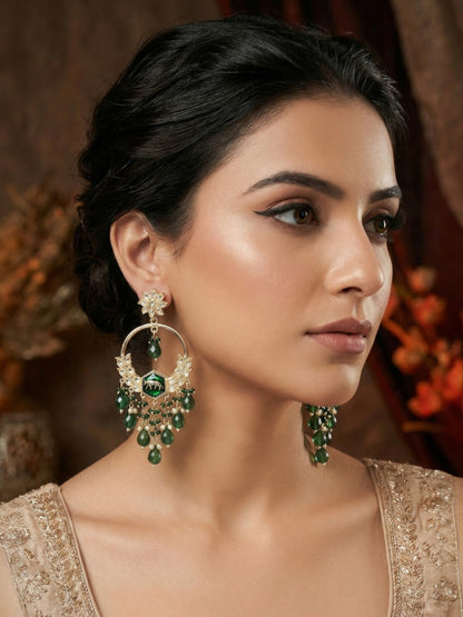 Meira Jewellery Gold Plated Traditional Kundan Drop Earrings for Women, Statement Chandbali Style Earrings with Stone Work and Beaded Dangling Drops, Festive Wedding Party Long Dangler Earrings-25