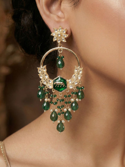 Meira Jewellery Gold Plated Traditional Kundan Drop Earrings for Women, Statement Chandbali Style Earrings with Stone Work and Beaded Dangling Drops, Festive Wedding Party Long Dangler Earrings-25