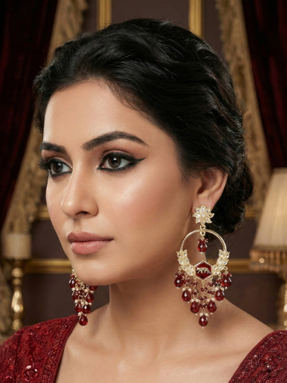 Meira Jewellery Gold Plated Traditional Kundan Drop Earrings for Women, Statement Chandbali Style Earrings with Stone Work and Beaded Dangling Drops, Festive Wedding Party Long Dangler Earrings-26