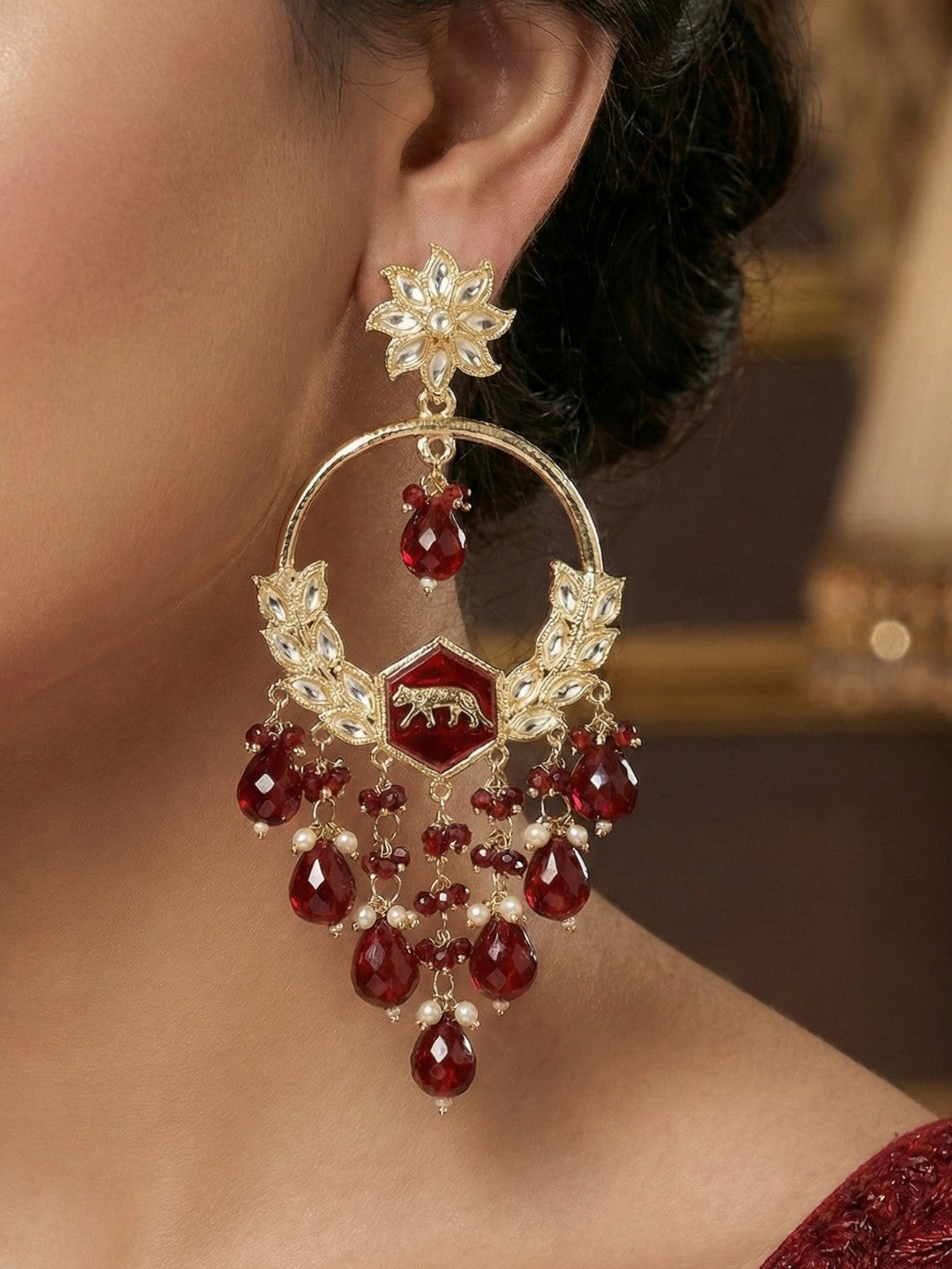 Meira Jewellery Gold Plated Traditional Kundan Drop Earrings for Women, Statement Chandbali Style Earrings with Stone Work and Beaded Dangling Drops, Festive Wedding Party Long Dangler Earrings-26