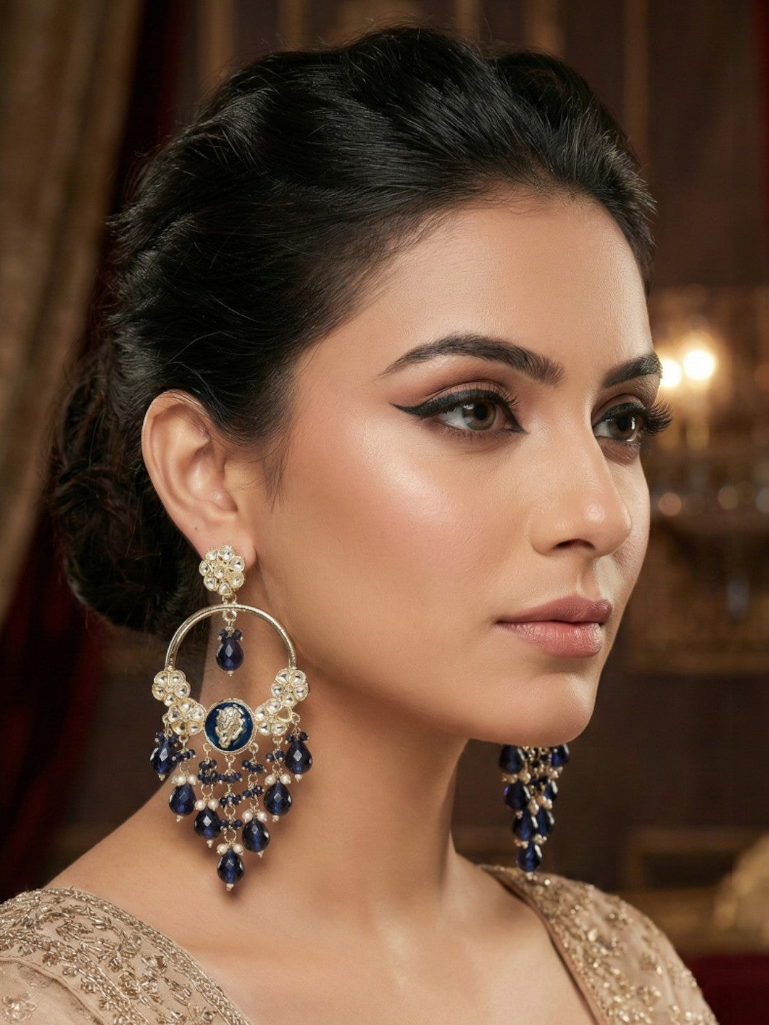 Meira Jewellery Gold Plated Traditional Kundan Drop Earrings for Women, Statement Chandbali Style Earrings with Stone Work and Beaded Dangling Drops, Festive Wedding Party Long Dangler Earrings-28