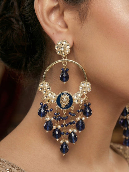 Meira Jewellery Gold Plated Traditional Kundan Drop Earrings for Women, Statement Chandbali Style Earrings with Stone Work and Beaded Dangling Drops, Festive Wedding Party Long Dangler Earrings-28