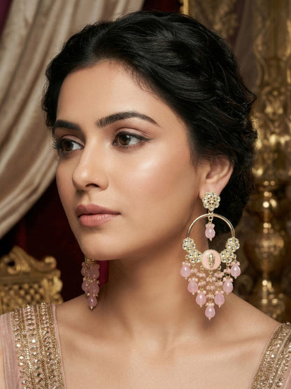 Meira Jewellery Gold Plated Traditional Kundan Drop Earrings for Women, Statement Chandbali Style Earrings with Stone Work and Beaded Dangling Drops, Festive Wedding Party Long Dangler Earrings-29
