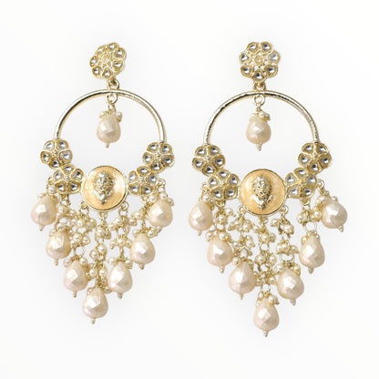 Meira Jewellery Gold Plated Traditional Kundan Drop Earrings for Women, Statement Chandbali Style Earrings with Stone Work and Beaded Dangling Drops, Festive Wedding Party Long Dangler Earrings-30