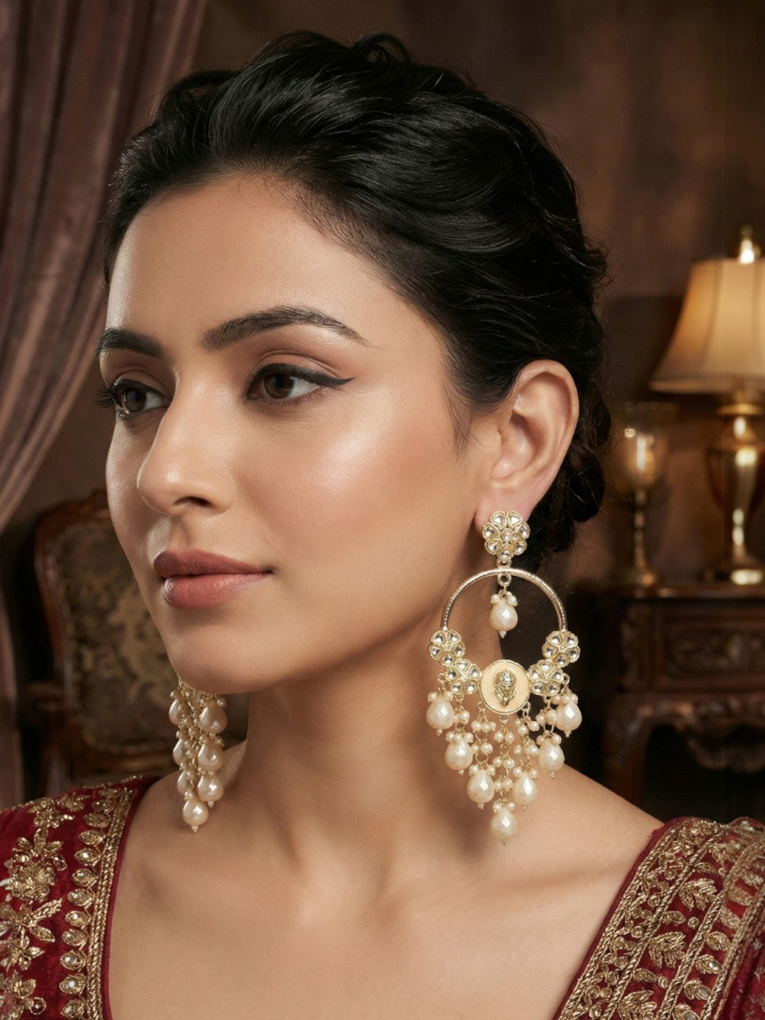 Meira Jewellery Gold Plated Traditional Kundan Drop Earrings for Women, Statement Chandbali Style Earrings with Stone Work and Beaded Dangling Drops, Festive Wedding Party Long Dangler Earrings-30