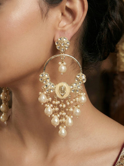 Meira Jewellery Gold Plated Traditional Kundan Drop Earrings for Women, Statement Chandbali Style Earrings with Stone Work and Beaded Dangling Drops, Festive Wedding Party Long Dangler Earrings-30
