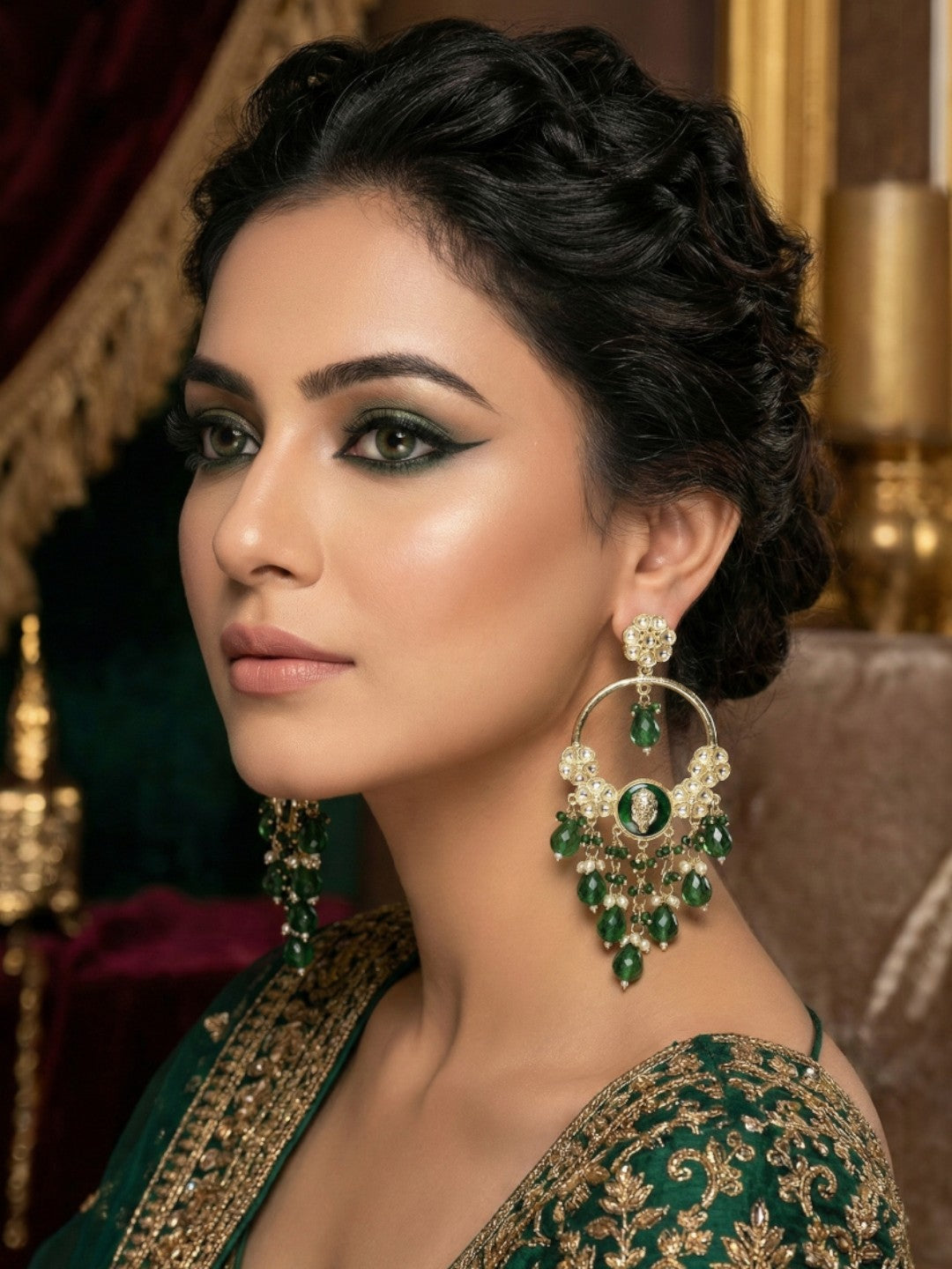 Meira Jewellery Gold Plated Traditional Kundan Drop Earrings for Women, Statement Chandbali Style Earrings with Stone Work and Beaded Dangling Drops, Festive Wedding Party Long Dangler Earrings-31