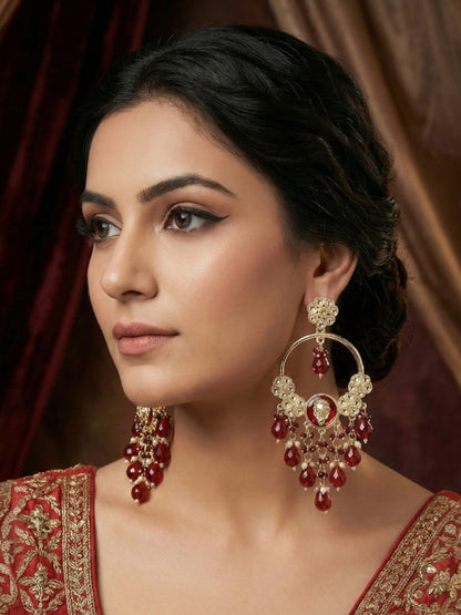 Meira Jewellery Gold Plated Traditional Kundan Drop Earrings for Women, Statement Chandbali Style Earrings with Stone Work and Beaded Dangling Drops, Festive Wedding Party Long Dangler Earrings-32