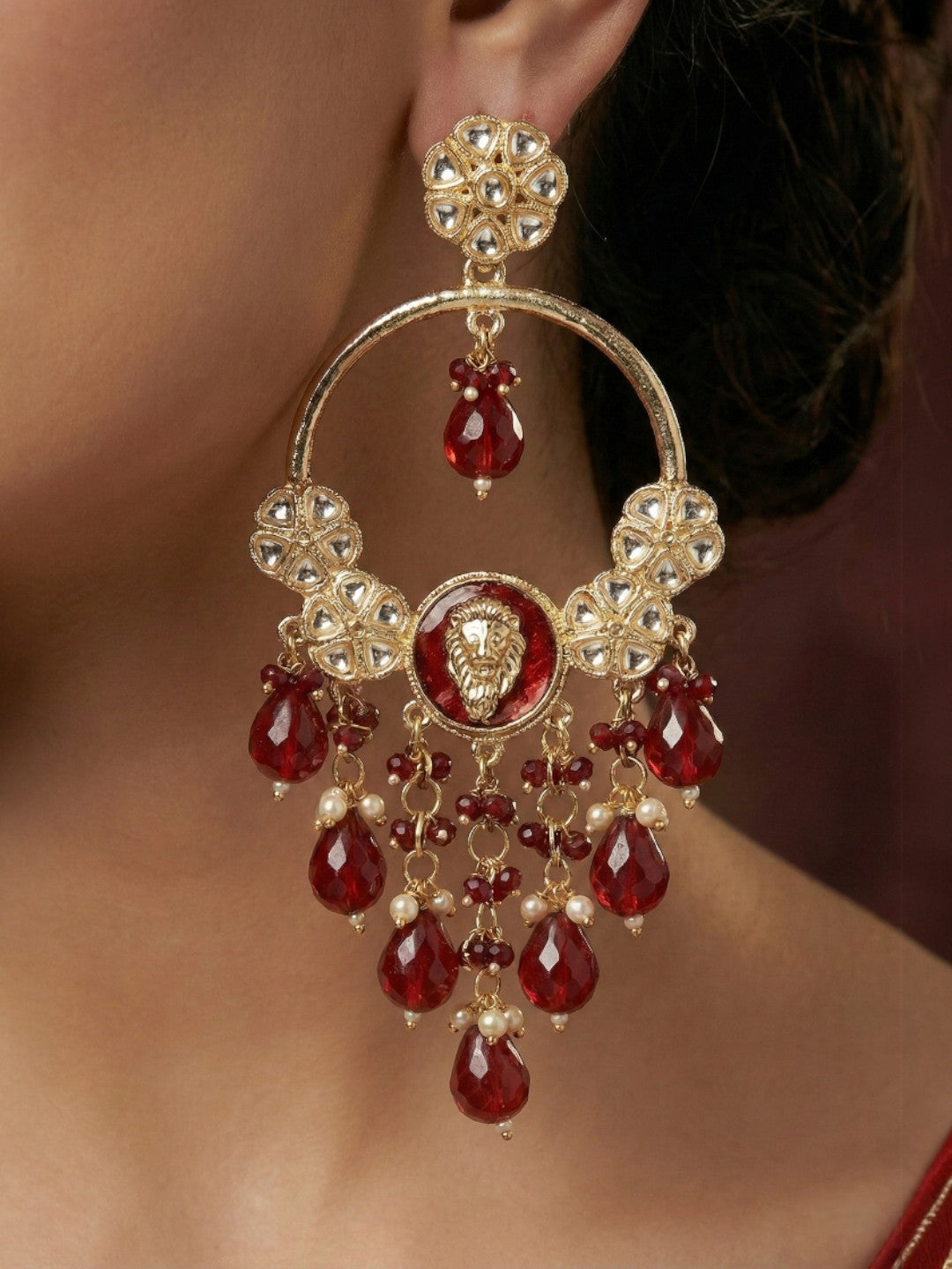 Meira Jewellery Gold Plated Traditional Kundan Drop Earrings for Women, Statement Chandbali Style Earrings with Stone Work and Beaded Dangling Drops, Festive Wedding Party Long Dangler Earrings-32