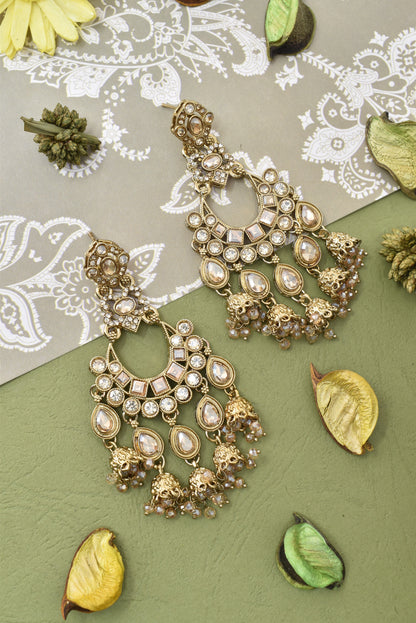 Gold Plated, Premium Polki Style Chandbali Jhumka Earrings for Women, Traditional Bridal Ethnic Dangling Earring with Kundan & Heavy Long Earring, Wedding Festive Party Statement Luxury Jewellery-01