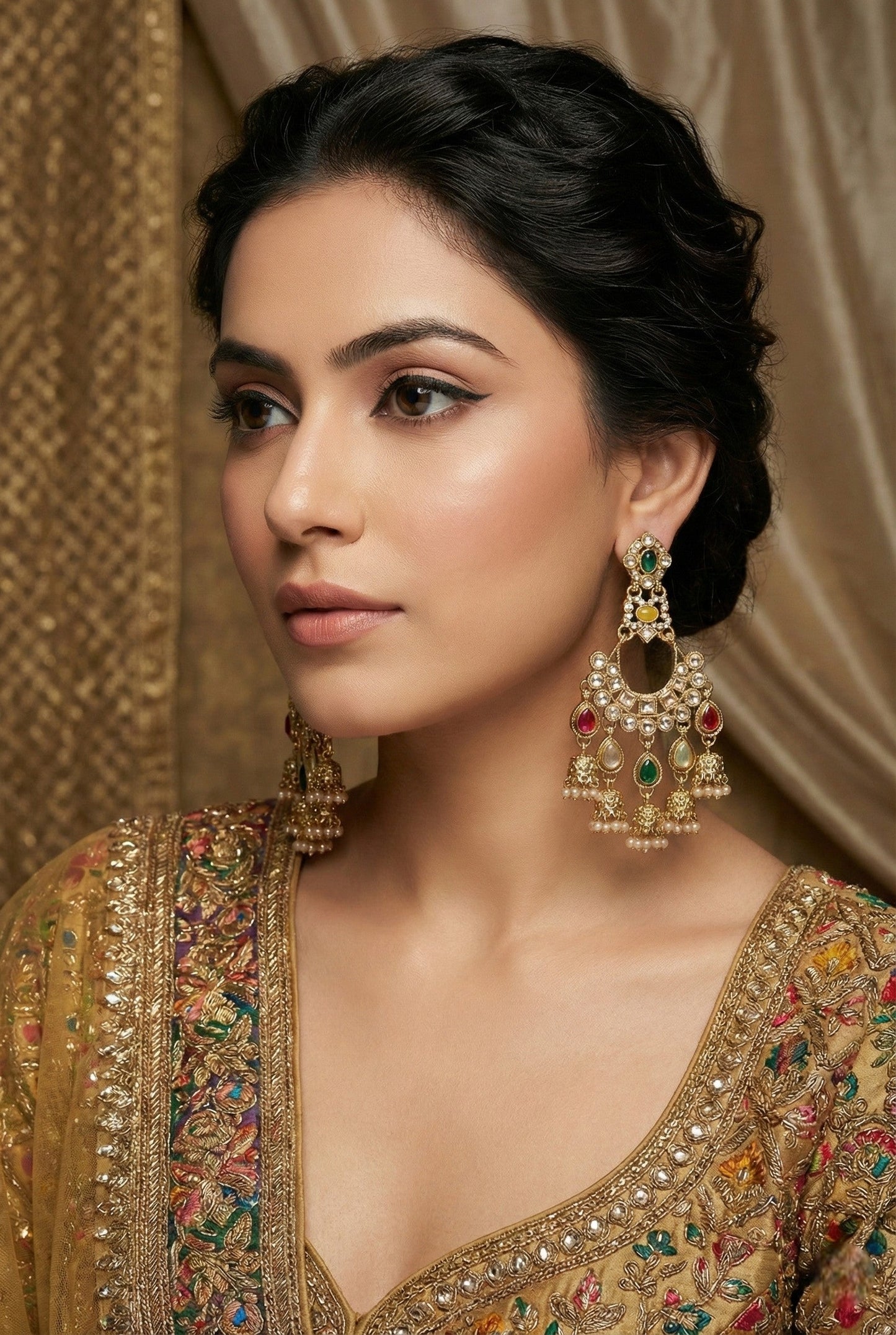 Gold Plated, Premium Multi Stylish Chandbali Jhumka Earrings for Women, Traditional Bridal Ethnic Dangling Earring with Kundan & Heavy Long Earring, Wedding Festive Party Statement Luxury Jewellery-02