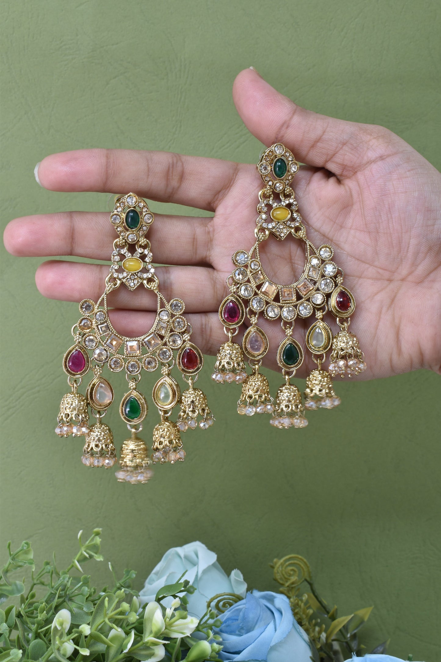 Gold Plated, Premium Multi Stylish Chandbali Jhumka Earrings for Women, Traditional Bridal Ethnic Dangling Earring with Kundan & Heavy Long Earring, Wedding Festive Party Statement Luxury Jewellery-02