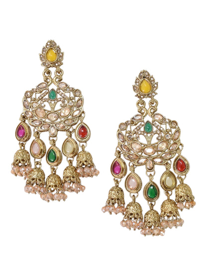 Gold Plated, Premium Multi Stylish Chandbali Jhumka Earrings for Women, Traditional Bridal Ethnic Dangling Earring with Kundan & Heavy Long Earring, Wedding Festive Party Statement Luxury Jewellery-04