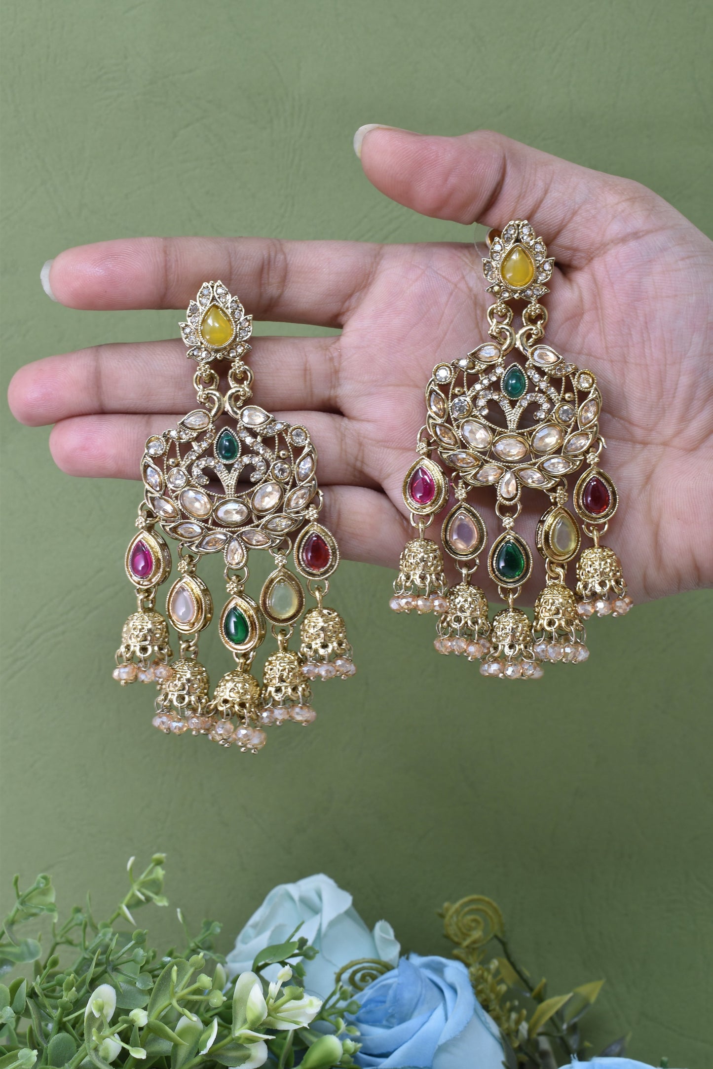 Gold Plated, Premium Multi Stylish Chandbali Jhumka Earrings for Women, Traditional Bridal Ethnic Dangling Earring with Kundan & Heavy Long Earring, Wedding Festive Party Statement Luxury Jewellery-04