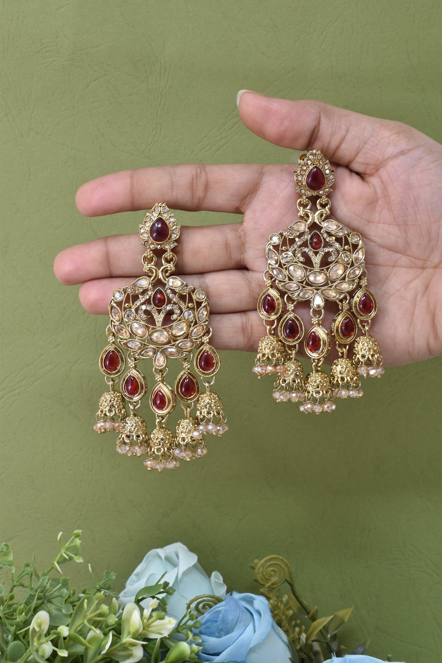 Gold Plated, Premium Polki Style Chandbali Jhumka Earrings for Women, Traditional Bridal Ethnic Dangling Earring with Kundan & Heavy Long Earring, Wedding Festive Party Statement Luxury Jewellery-05