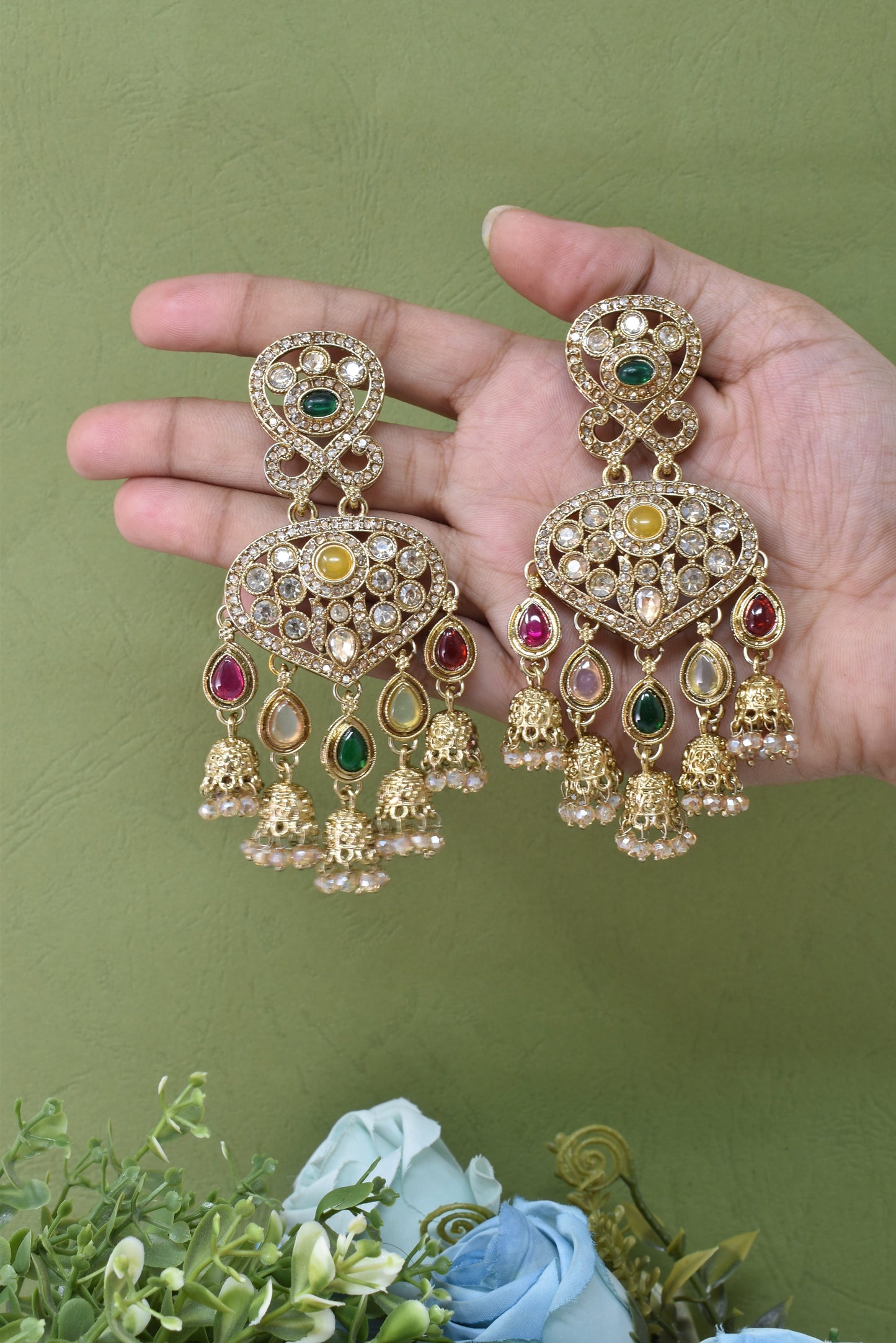 Gold Plated, Premium Multi Stylish Chandbali Jhumka Earrings for Women, Traditional Bridal Ethnic Dangling Earring with Kundan & Heavy Long Earring, Wedding Festive Party Statement Luxury Jewellery-06