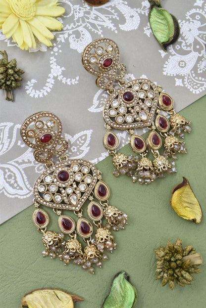 Gold Plated, Premium Polki Style Chandbali Jhumka Earrings for Women, Traditional Bridal Ethnic Dangling Earring with Kundan & Heavy Long Earring, Wedding Festive Party Statement Luxury Jewellery-07
