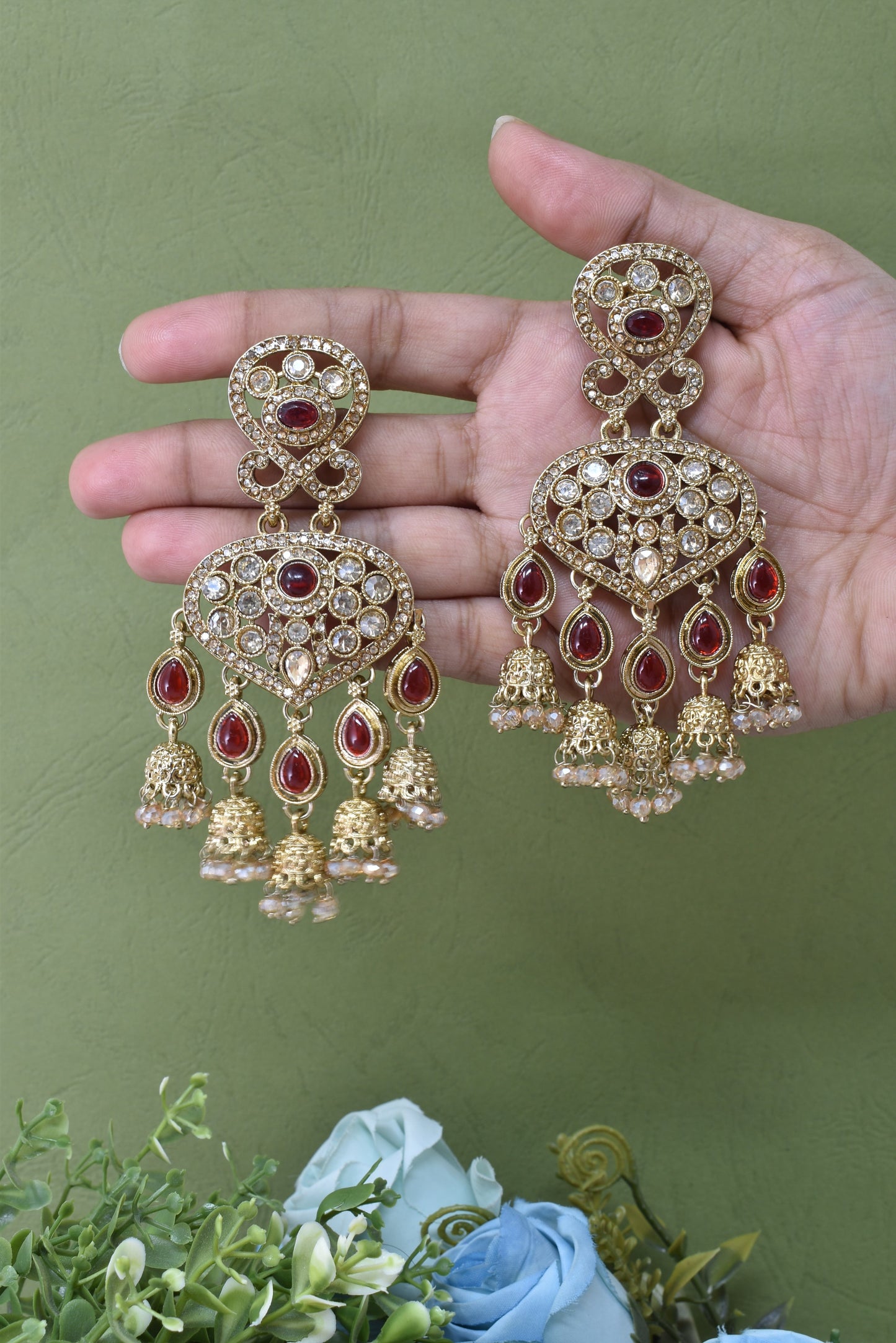 Gold Plated, Premium Polki Style Chandbali Jhumka Earrings for Women, Traditional Bridal Ethnic Dangling Earring with Kundan & Heavy Long Earring, Wedding Festive Party Statement Luxury Jewellery-07