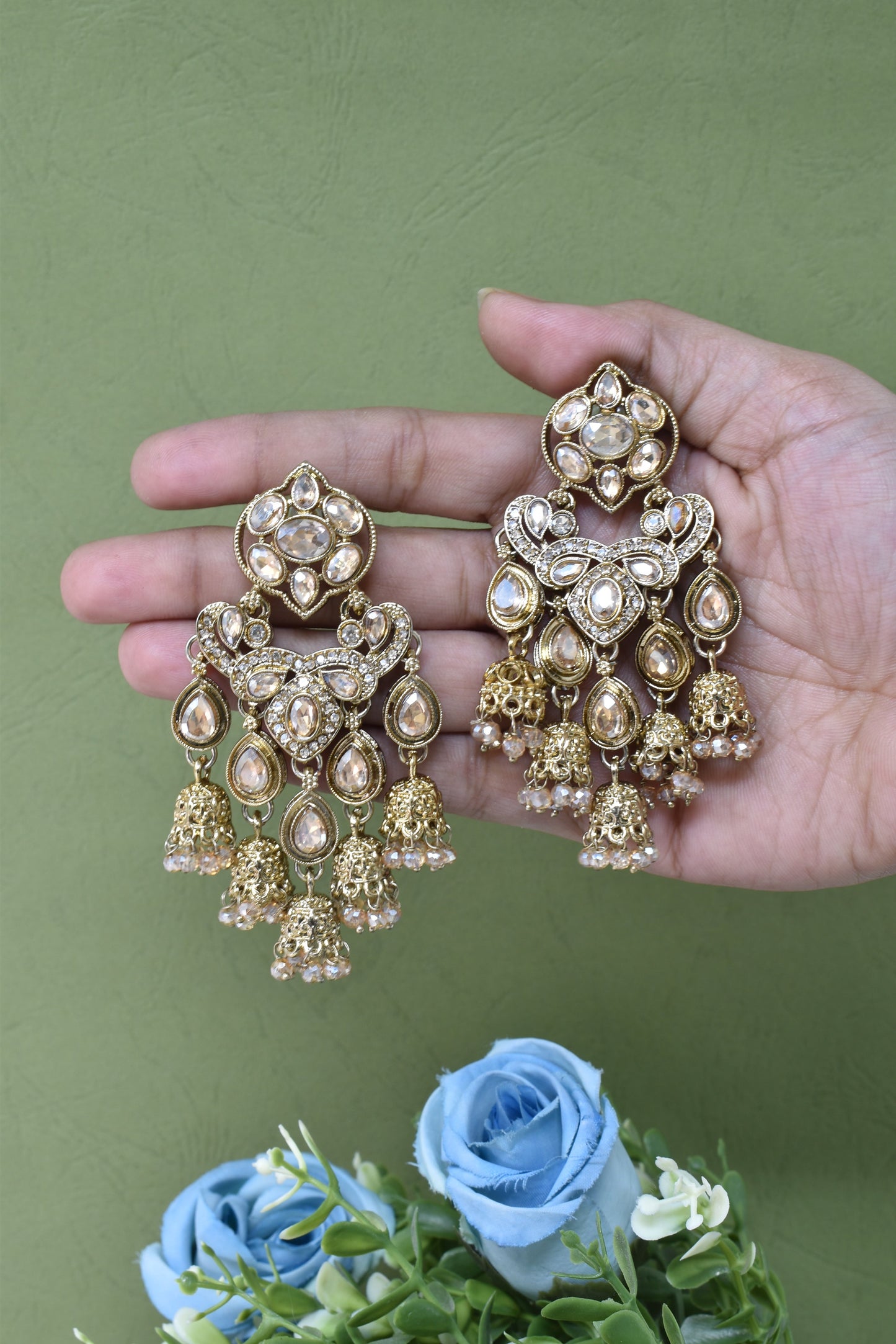 Gold Plated, Premium Polki Style Chandbali Jhumka Earrings for Women, Traditional Bridal Ethnic Dangling Earring with Kundan & Heavy Long Earring, Wedding Festive Party Statement Luxury Jewellery-08