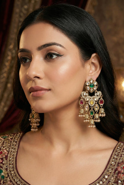 Gold Plated, Premium Multi Stylish Chandbali Jhumka Earrings for Women, Traditional Bridal Ethnic Dangling Earring with Kundan & Heavy Long Earring, Wedding Festive Party Statement Luxury Jewellery-09