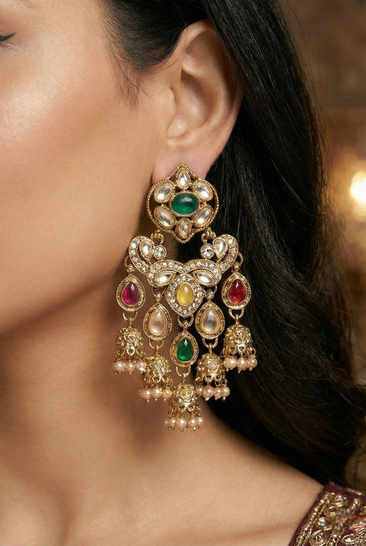 Gold Plated, Premium Multi Stylish Chandbali Jhumka Earrings for Women, Traditional Bridal Ethnic Dangling Earring with Kundan & Heavy Long Earring, Wedding Festive Party Statement Luxury Jewellery-09