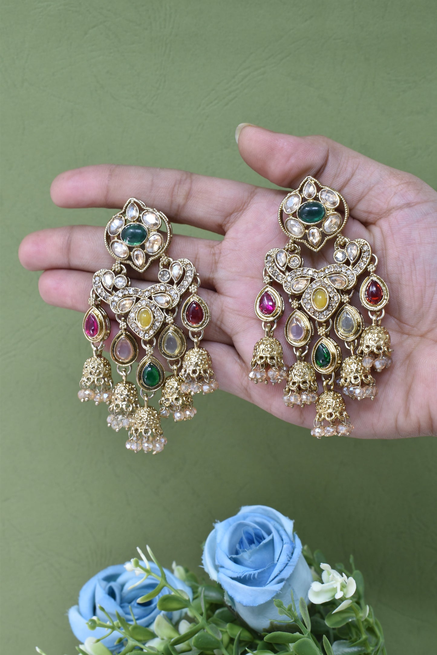 Gold Plated, Premium Multi Stylish Chandbali Jhumka Earrings for Women, Traditional Bridal Ethnic Dangling Earring with Kundan & Heavy Long Earring, Wedding Festive Party Statement Luxury Jewellery-09