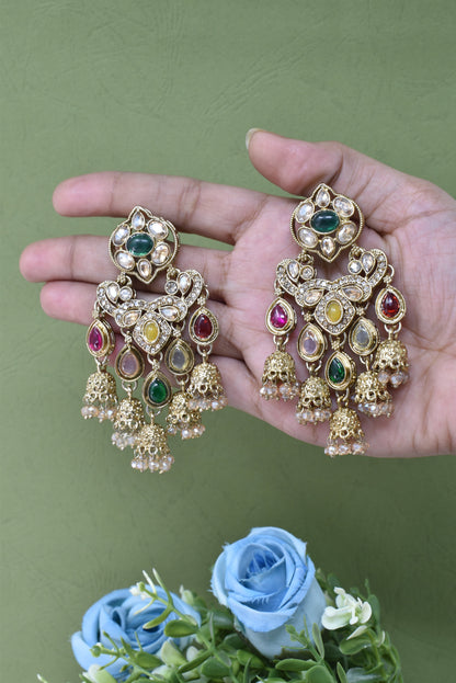 Gold Plated, Premium Multi Stylish Chandbali Jhumka Earrings for Women, Traditional Bridal Ethnic Dangling Earring with Kundan & Heavy Long Earring, Wedding Festive Party Statement Luxury Jewellery-09