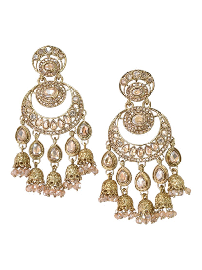 Gold Plated, Premium Polki Style Chandbali Jhumka Earrings for Women, Traditional Bridal Ethnic Dangling Earring with Kundan & Heavy Long Earring, Wedding Festive Party Statement Luxury Jewellery-10