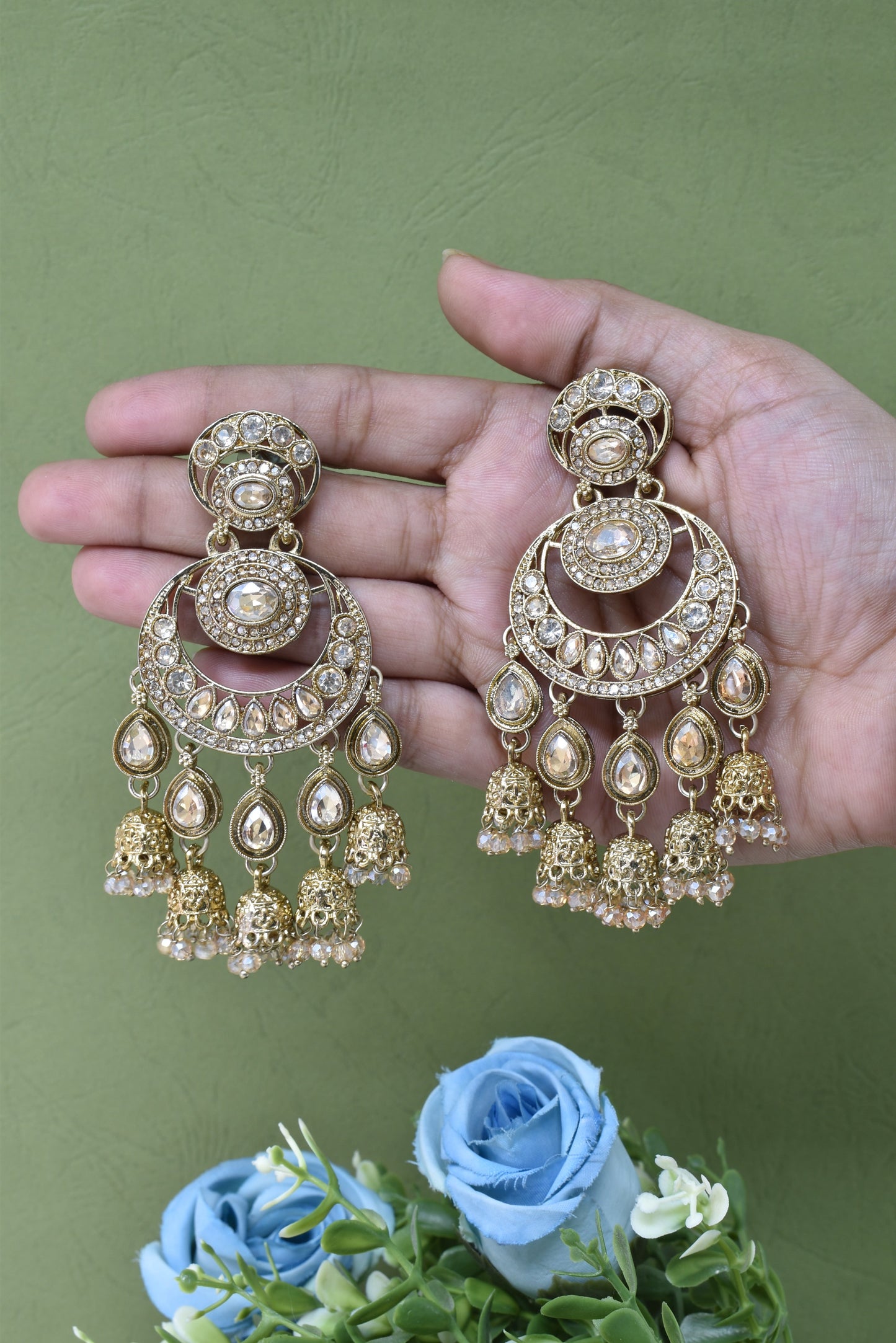 Gold Plated, Premium Polki Style Chandbali Jhumka Earrings for Women, Traditional Bridal Ethnic Dangling Earring with Kundan & Heavy Long Earring, Wedding Festive Party Statement Luxury Jewellery-10