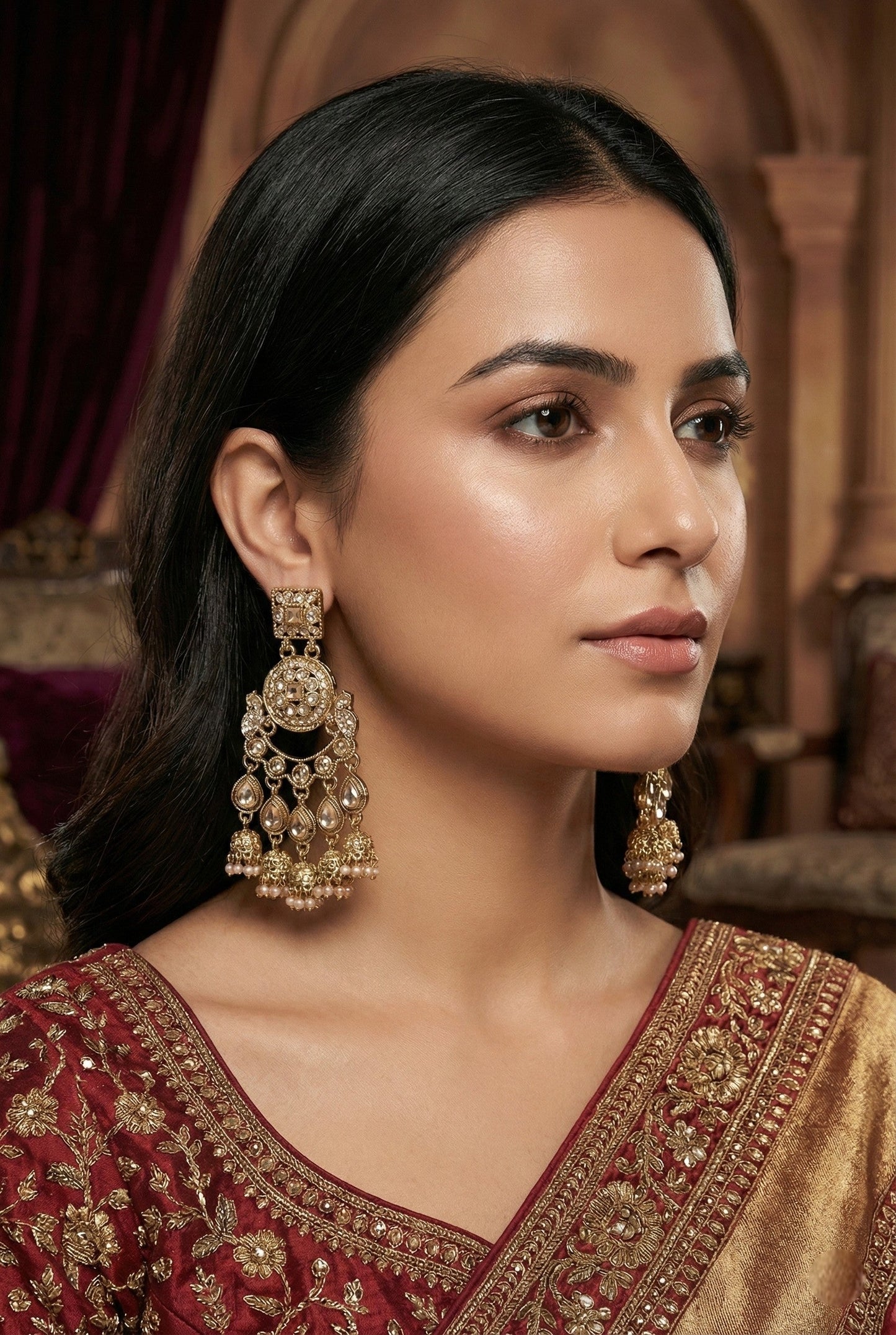 Gold Plated, Premium Polki Style Chandbali Jhumka Earrings for Women, Traditional Bridal Ethnic Dangling Earring with Kundan & Heavy Long Earring, Wedding Festive Party Statement Luxury Jewellery-11