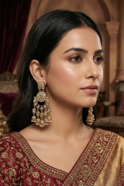 Gold Plated, Premium Polki Style Chandbali Jhumka Earrings for Women, Traditional Bridal Ethnic Dangling Earring with Kundan & Heavy Long Earring, Wedding Festive Party Statement Luxury Jewellery-11
