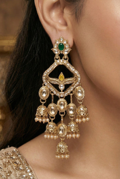Gold Plated, Premium Multi Stylish Chandbali Jhumka Earrings for Women, Traditional Bridal Ethnic Dangling Earring with Kundan & Heavy Long Earring, Wedding Festive Party Statement Luxury Jewellery-12