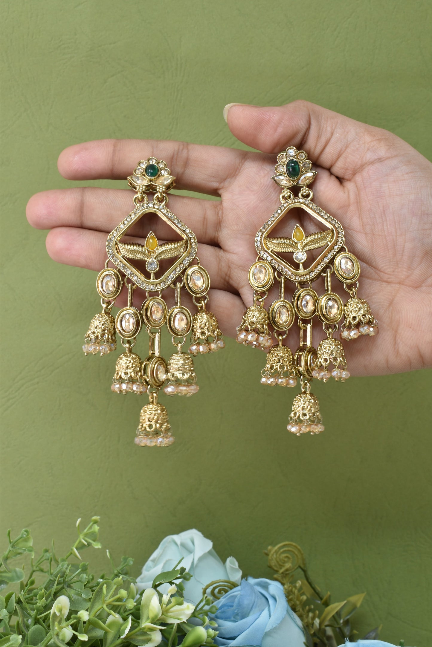 Gold Plated, Premium Multi Stylish Chandbali Jhumka Earrings for Women, Traditional Bridal Ethnic Dangling Earring with Kundan & Heavy Long Earring, Wedding Festive Party Statement Luxury Jewellery-12