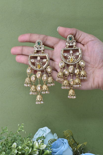 Gold Plated, Premium Multi Stylish Chandbali Jhumka Earrings for Women, Traditional Bridal Ethnic Dangling Earring with Kundan & Heavy Long Earring, Wedding Festive Party Statement Luxury Jewellery-13