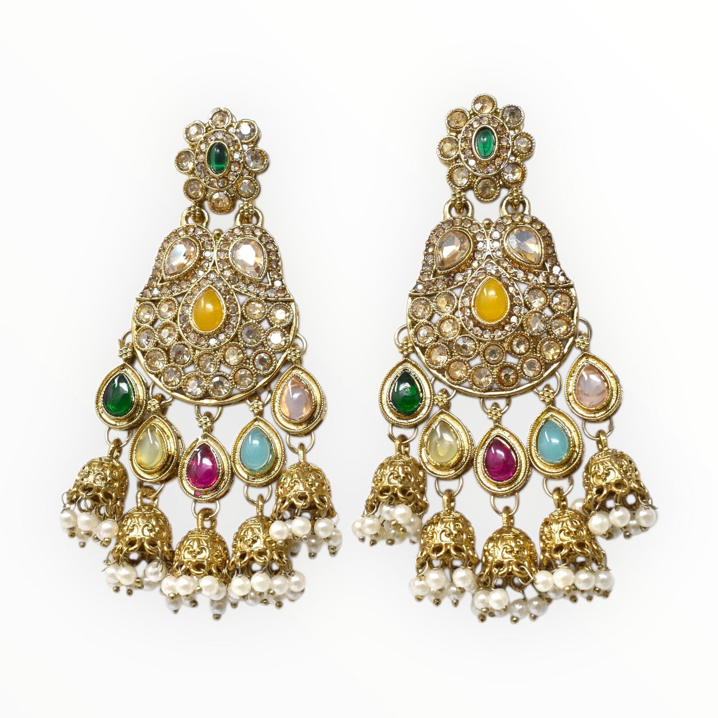 Meira Jewellery Gold Plated Traditional Kundan Drop Earrings for Women, Statement Chandbali Style Earrings with Stone Work and Beaded Dangling Drops, Festive Wedding Party Long Dangler Earrings-33