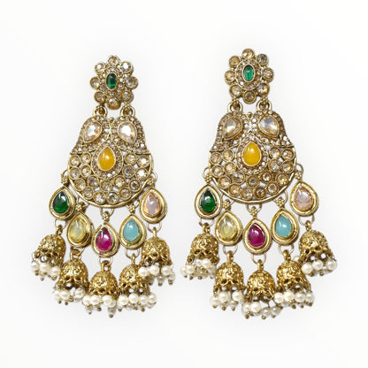 Meira Jewellery Gold Plated Traditional Kundan Drop Earrings for Women, Statement Chandbali Style Earrings with Stone Work and Beaded Dangling Drops, Festive Wedding Party Long Dangler Earrings-33