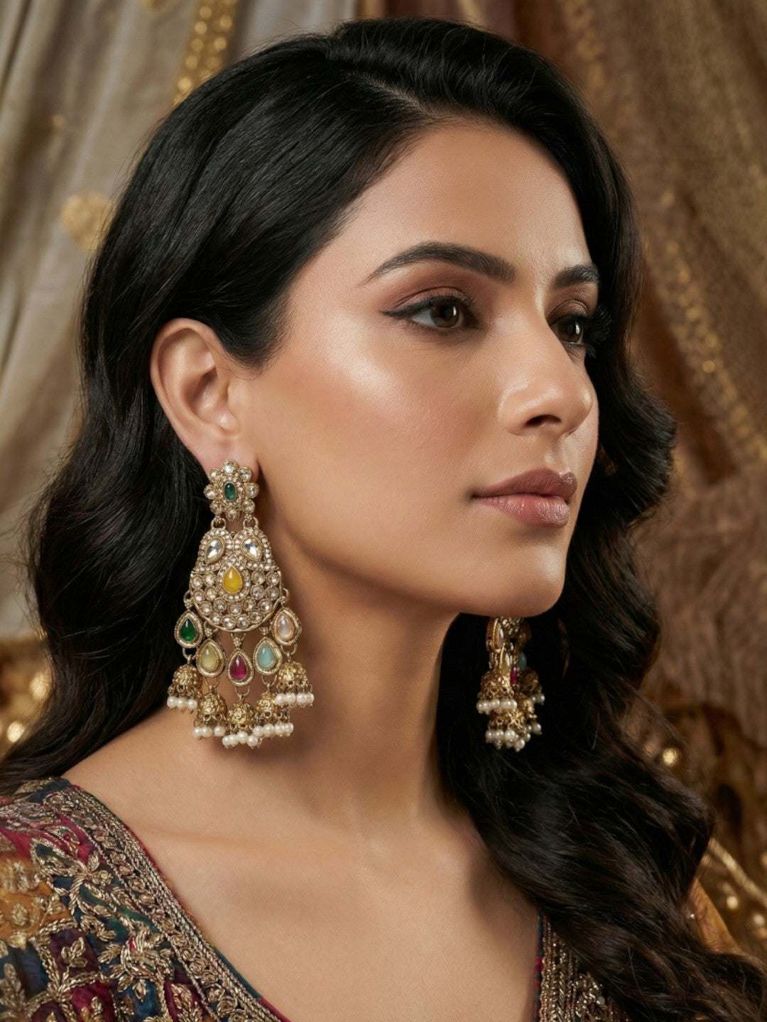 Meira Jewellery Gold Plated Traditional Kundan Drop Earrings for Women, Statement Chandbali Style Earrings with Stone Work and Beaded Dangling Drops, Festive Wedding Party Long Dangler Earrings-33