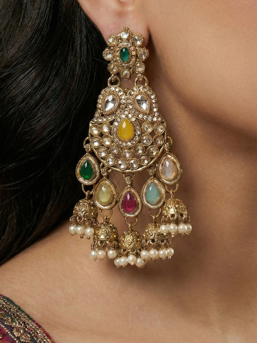 Meira Jewellery Gold Plated Traditional Kundan Drop Earrings for Women, Statement Chandbali Style Earrings with Stone Work and Beaded Dangling Drops, Festive Wedding Party Long Dangler Earrings-33