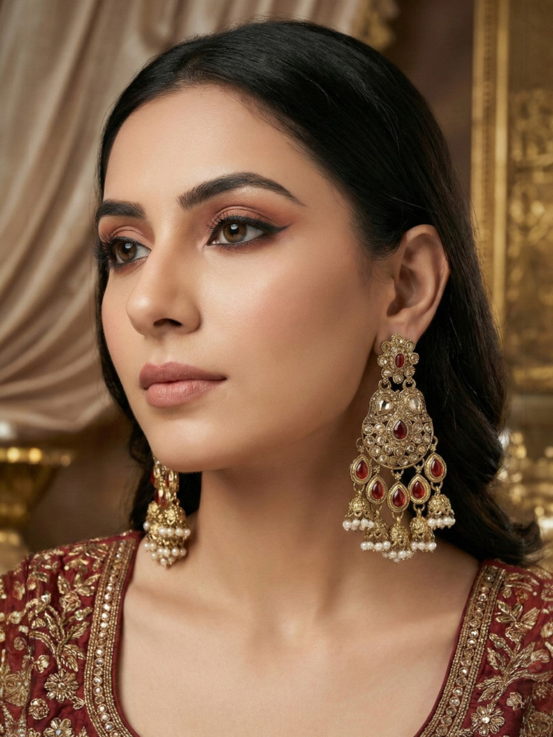 Meira Jewellery Gold Plated Traditional Kundan Drop Earrings for Women, Statement Chandbali Style Earrings with Stone Work and Beaded Dangling Drops, Festive Wedding Party Long Dangler Earrings-34